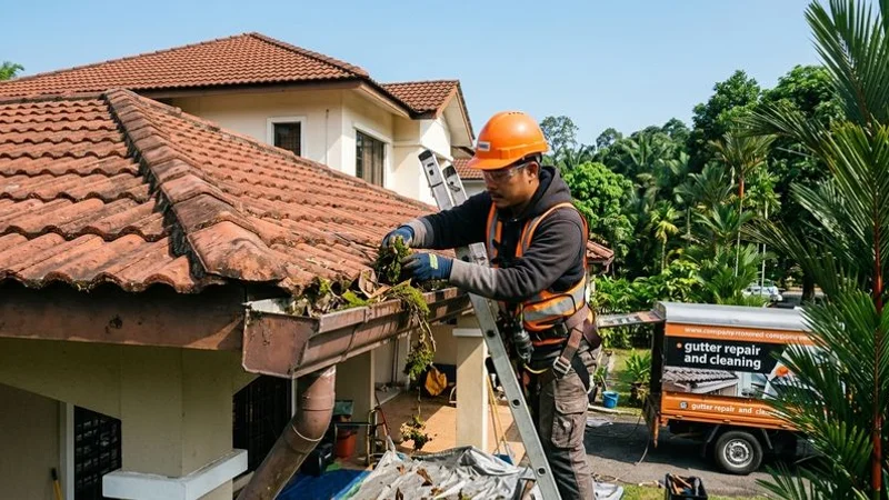 Professional gutter cleaning service worker removing debris from rain gutter on two-storey Malaysian residential property