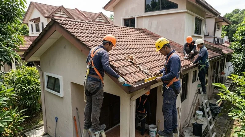 Professional gutter maintenance team cleaning and inspecting rain gutters on a Klang Valley residential property with equipment
