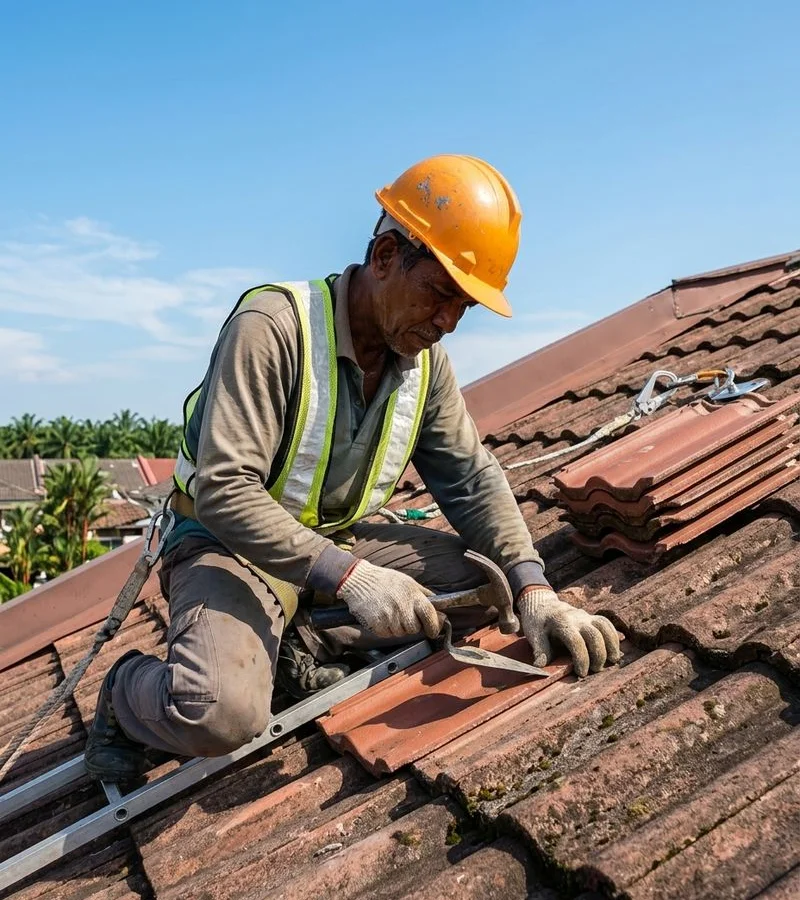 Professional roofer at work on a residential roof