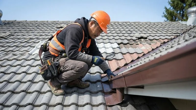 Professional roofer conducting detailed inspection on a semi-detached home roof using safety harness in Subang Jaya