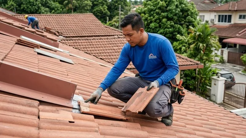 Professional roofing contractor inspecting tiles on a two-storey terrace house roof in a Malaysian residential neighbourhood