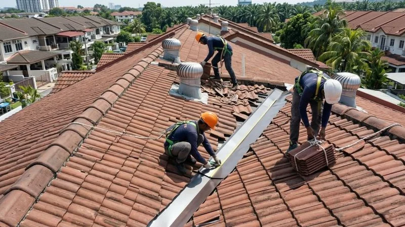 Professional roofing team working on valley flashing repair on a semi-detached house roof with proper safety harnesses
