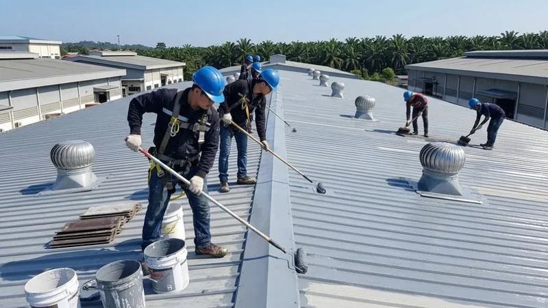 Professional roofing team applying anti-corrosion coating to a treated metal deck roof on a factory building in Selangor