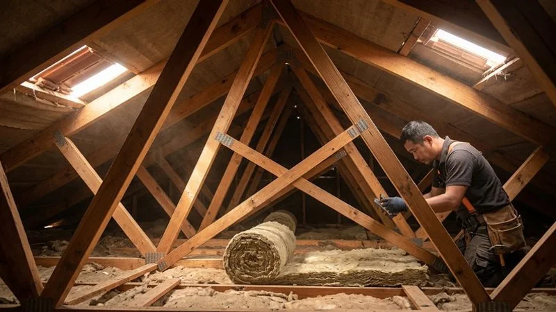 Interior photograph of a roof cavity showing properly installed truss bracing members connecting multiple trusses together