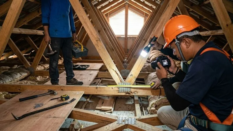 Roofing contractor inside a roof cavity examining a timber truss joint with a torch and measuring tools in Malaysia