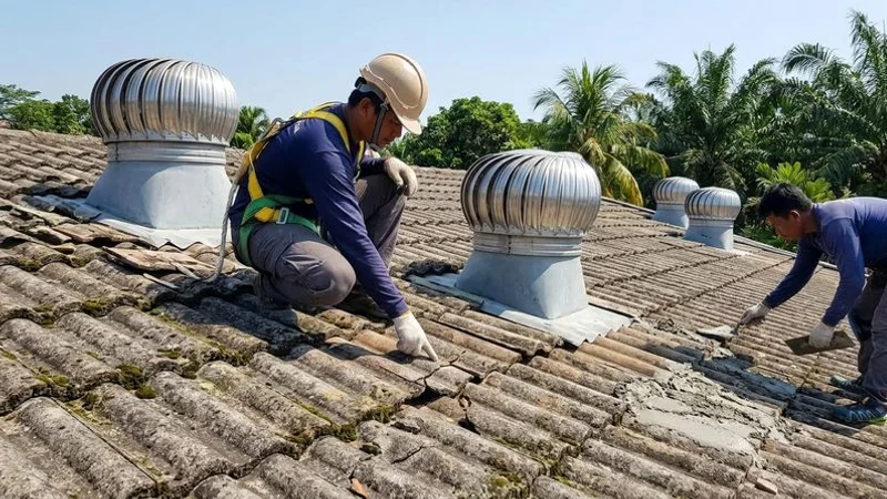 Roofing contractor inspecting aged concrete tiles on a thirty-year-old Malaysian residential property during assessment