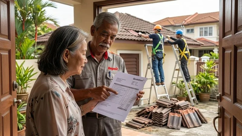 Roofing contractor presenting an itemised quotation document to a homeowner at a residential property in Kuala Lumpur