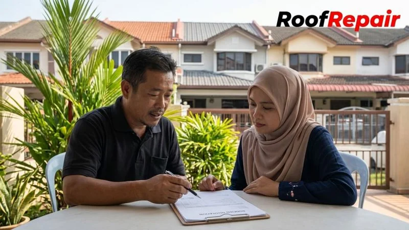 Roofing contractor providing detailed written quotation to homeowner at a terrace house in Petaling Jaya residential area