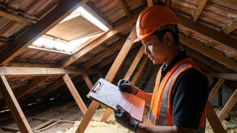 Roofing professional documenting inspection findings on a clipboard inside a well-lit residential roof cavity in Malaysia