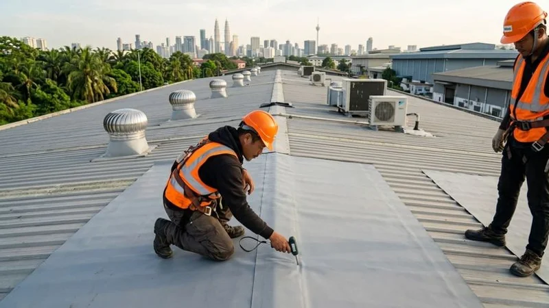 Close-up of roofing professional examining waterproofing membrane condition on a commercial building roof with testing equipment