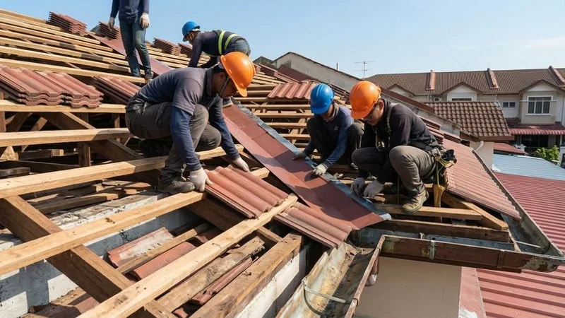 Roofing team installing new concrete tiles on freshly battened roof structure of a Malaysian double-storey terrace house