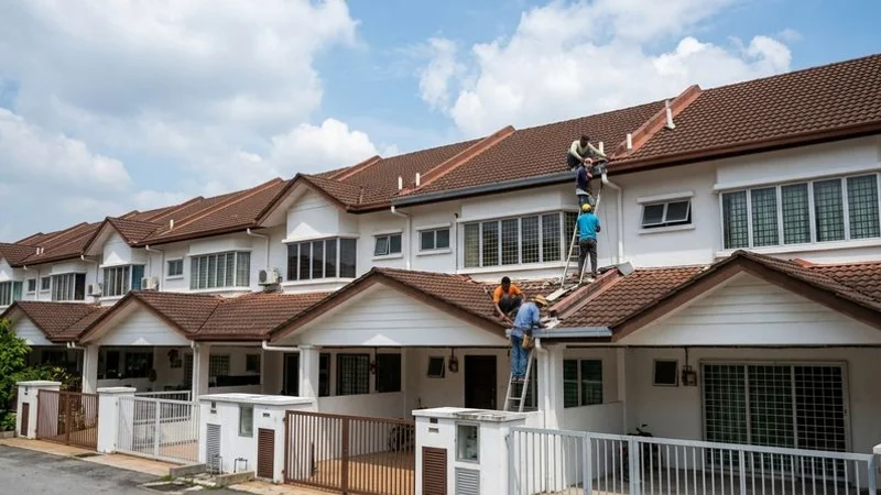 Row of double-storey terrace houses in a typical Malaysian housing estate showing shared party walls and roof lines