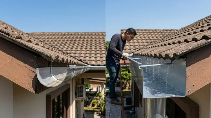 Side view comparison showing undersized half-round gutter next to larger square-line gutter profile on Malaysian residential roof