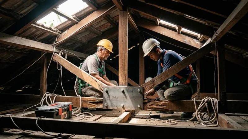 Detailed photograph of a steel plate reinforcement bolted across a weakened truss joint inside a Malaysian residential roof