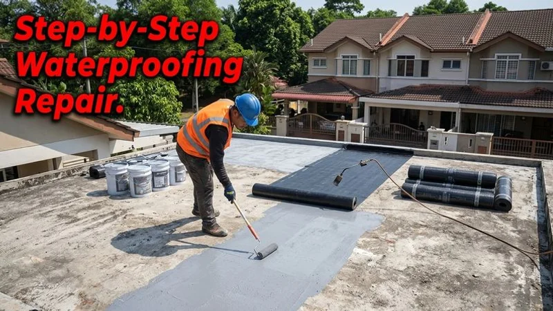 Step-by-step waterproofing application process showing surface preparation primer coating and membrane installation stages