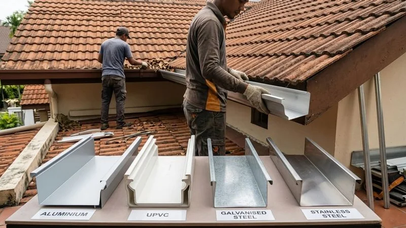 Variety of gutter material samples including aluminium UPVC galvanised steel and stainless steel laid out for comparison