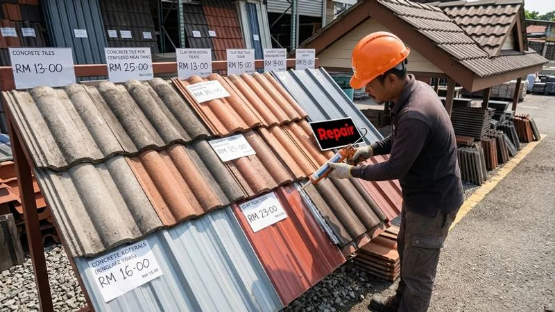 Various roofing materials including concrete tiles clay tiles and metal sheets displayed with price tags in ringgit