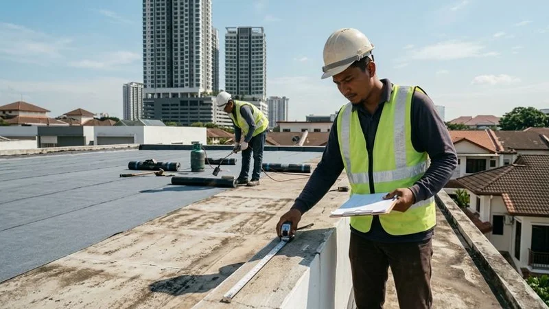 Waterproofing contractor measuring flat roof area with measuring tape and noting details on a clipboard during inspection