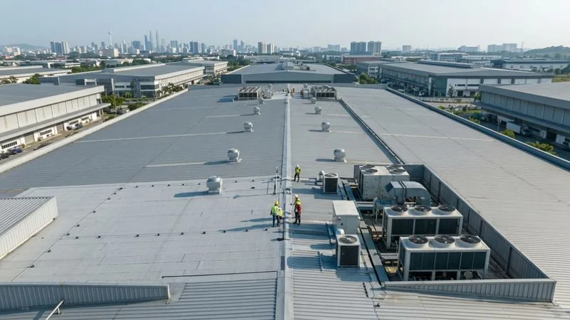 Wide angle photograph of a large commercial warehouse roof in an industrial area of Selangor showing typical flat roof construction