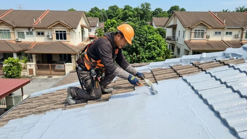 Worker rolling polyurethane liquid waterproof membrane coating onto a cleaned concrete flat roof surface in tropical climate